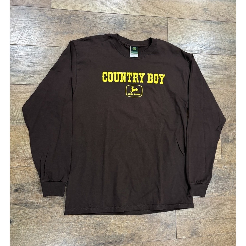 Vintage 90s John‎ Deere Country Boy Long Sleeve T-Shirt Brown Yellow Large
